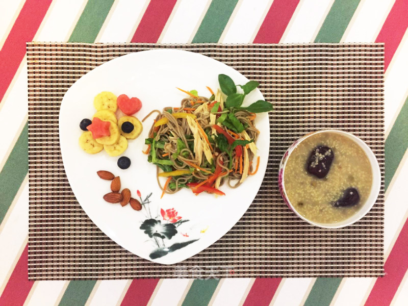 Soba Noodles Mixed with Colorful Vegetables and Golden Summer Porridge recipe