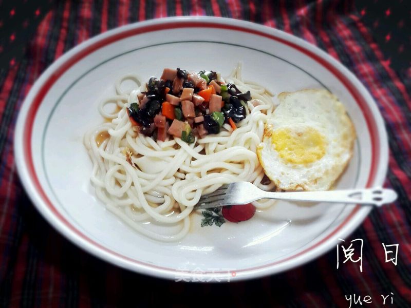 Fungus and Ham Topped Noodles