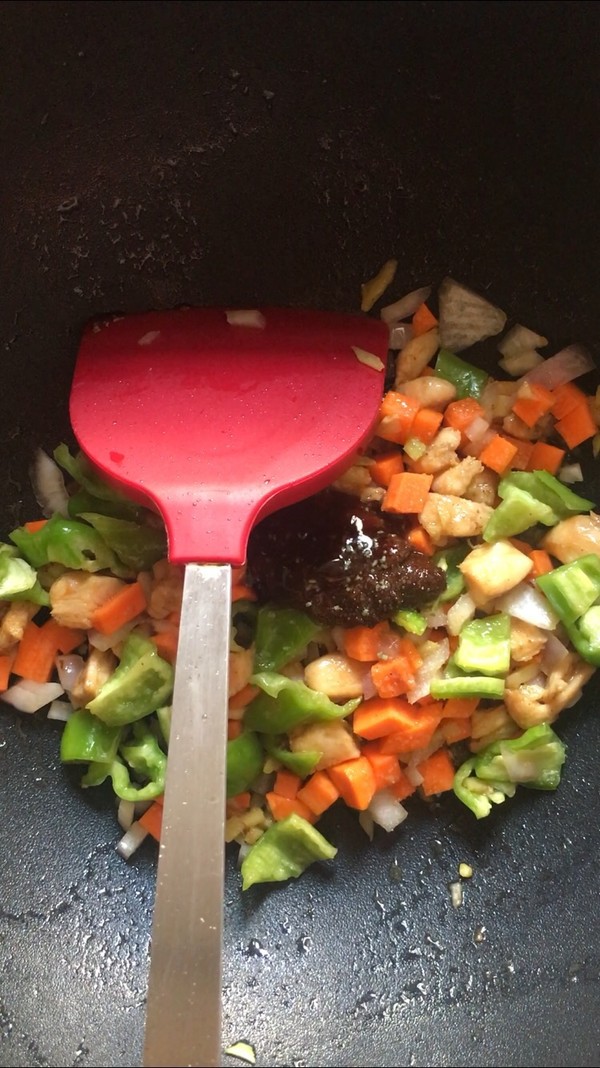 Cooked Rice with Three Vegetables Diced Pork recipe