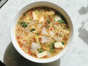 Reduced Fat Cabbage and Enoki Mushroom Tofu Soup recipe