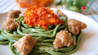 Spinach Noodles with Meatballs in Italian Sauce recipe