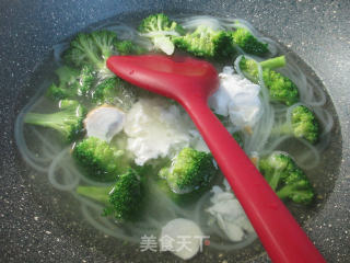 Salted Duck Egg Broccoli Rice Noodle Soup recipe