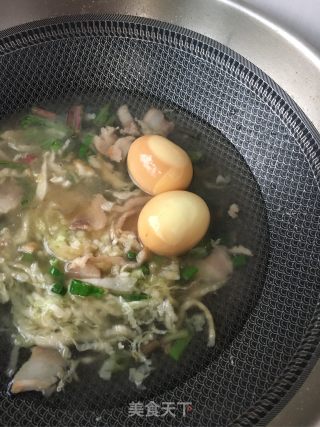 Noodle Soup with Eggs, Vegetables, Abalone and Spinach recipe