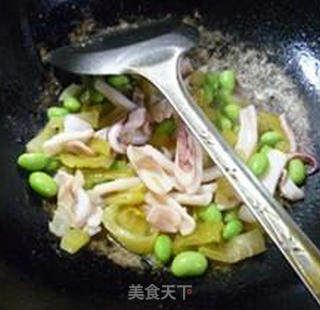 Fried Squid with Edamame and Pickled Cabbage Stems recipe