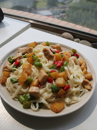 Potatoes, Chicken Nuggets and Chili Noodles recipe