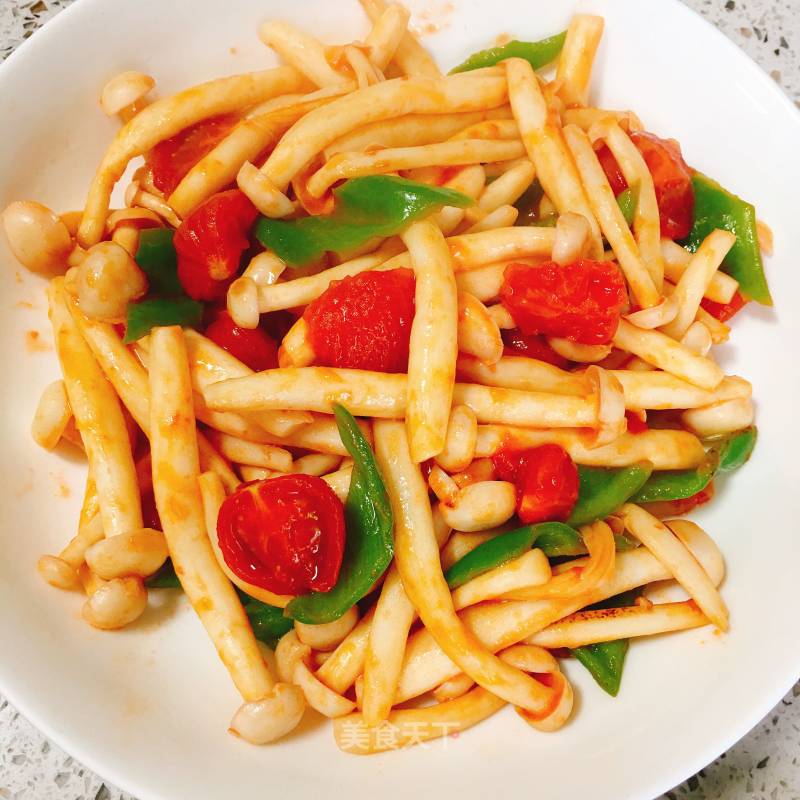 Stir-fried White Jade Mushrooms with Cherry Tomatoes recipe