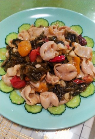 Stir-fried Pork Intestines with Hakka Pickles recipe