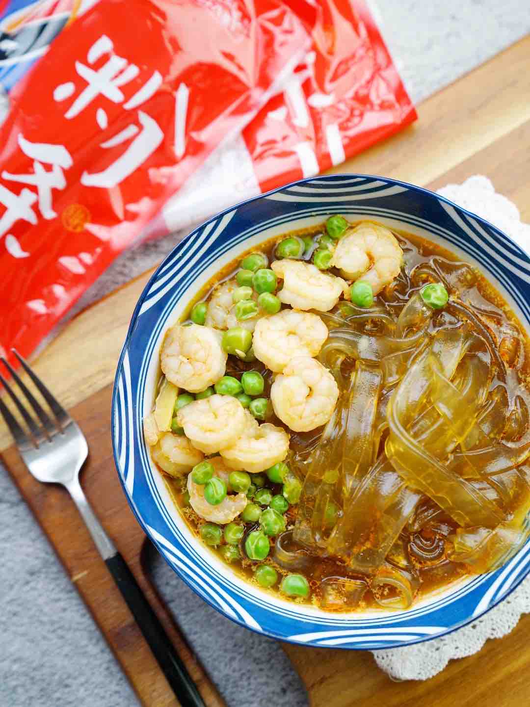 Shrimp, Pea and Potato Noodle Soup