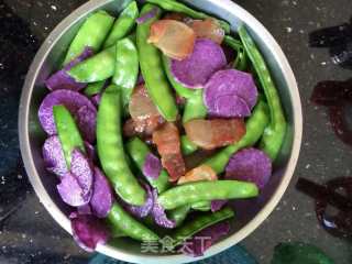 Fried Bacon with Purple Yam and Snow Peas recipe