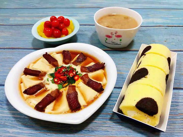 Steamed Tofu with Bacon and Egg recipe