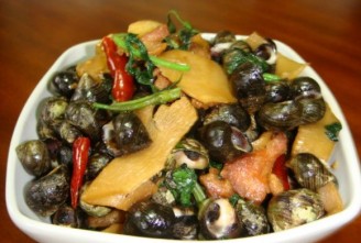Fried Stone Snails with Sour Bamboo Shoots and Perilla