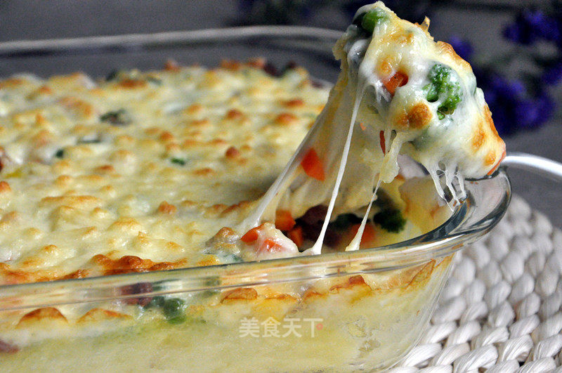 Cheese, Sausage and Mashed Potatoes with Seasonal Vegetables recipe