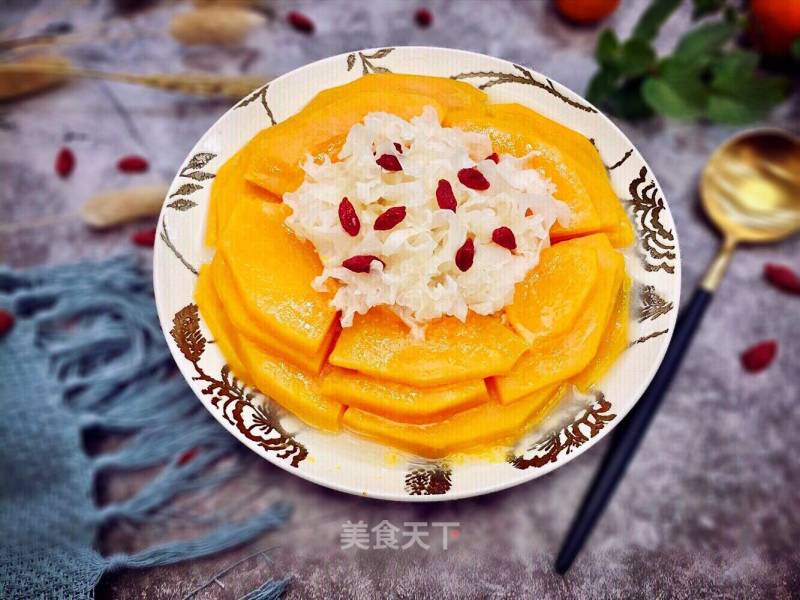 #吉祥年菜#golden and Silver Full House Fumancang~steamed White Fungus with Coconut Fragrant Pumpkin recipe