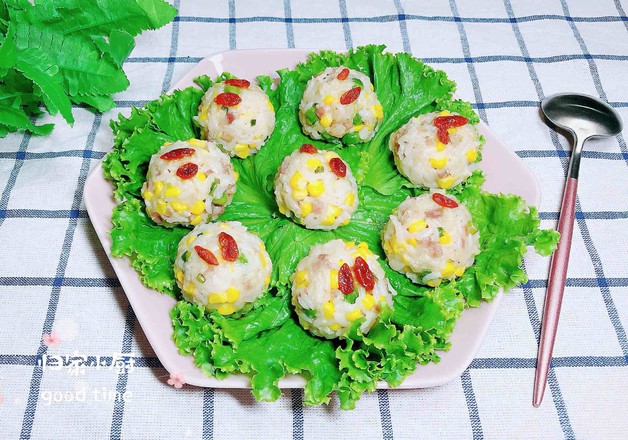 Steamed Rice Balls with Bacon and Seasonal Vegetables recipe