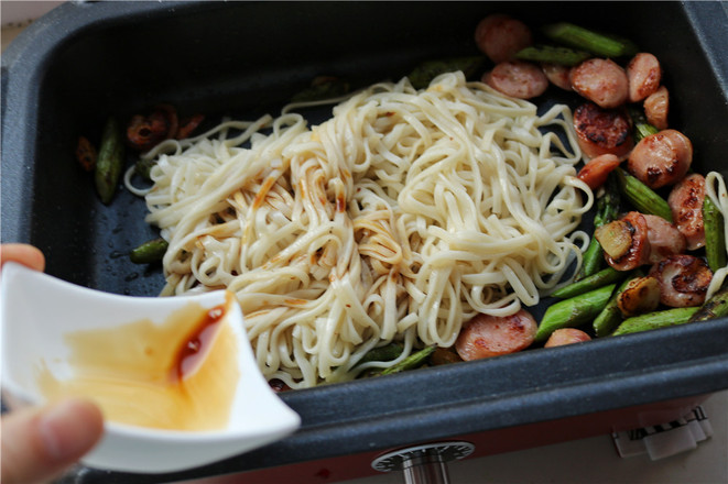 Fried Noodles with Asparagus and Sausage recipe