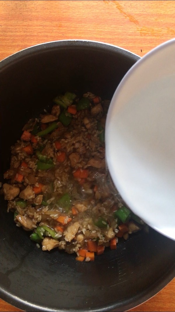 Cooked Rice with Three Vegetables Diced Pork recipe