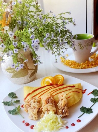 Mustard Omelet Rice with Fried Chicken recipe