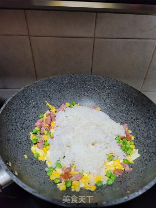 Fried Rice with Sausage, Peas and Corn Kernels recipe