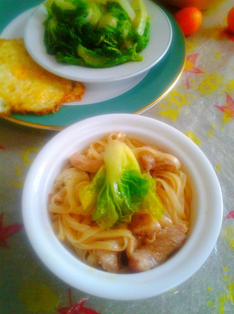 Poached Egg Noodles with Green Vegetables and Pork recipe