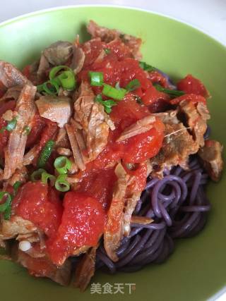 Purple Potato Noodles with Tomato Beef recipe