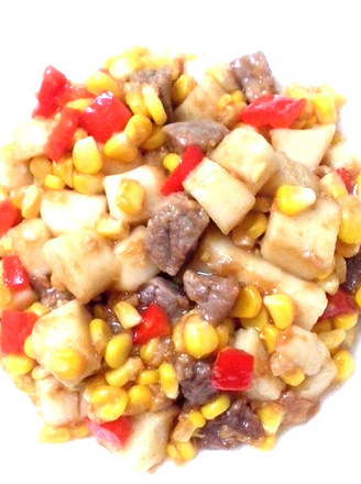 Stir-fried Beef with Corn Kernels in Rice Cake recipe