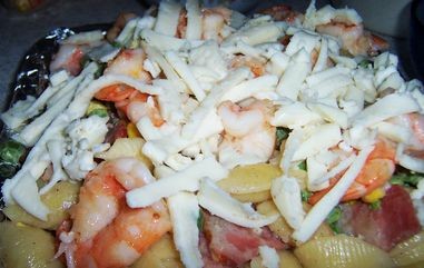 Baked Shellfish Noodles with Seafood and Bacon recipe