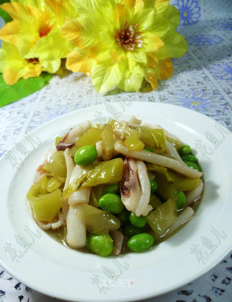 Fried Squid with Edamame and Pickled Cabbage Stems