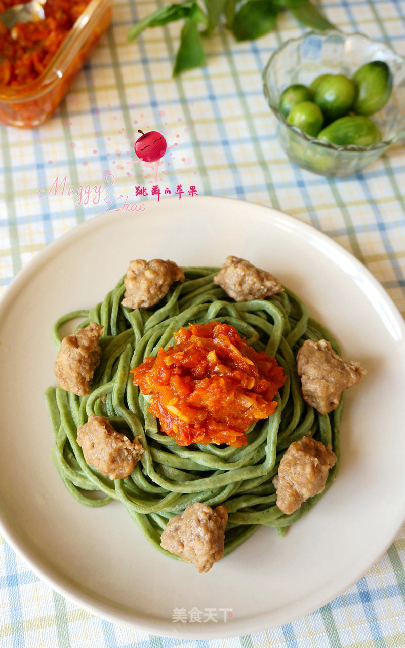 Spinach Noodles with Meatballs in Italian Sauce recipe