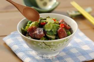 Fried Sausages with Pickled Vegetables, Broad Beans and Rice recipe