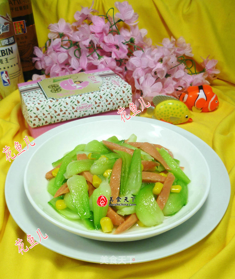 Stir-fried Vegetable Stems with Corn and Ham Sausage recipe