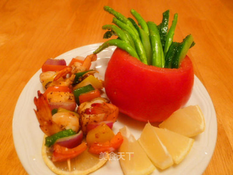 Seafood Skewers with Asparagus and Tomato Cups recipe