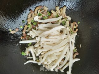 Stir-fried Pork Belly with White Jade Mushroom and Snow Peas recipe