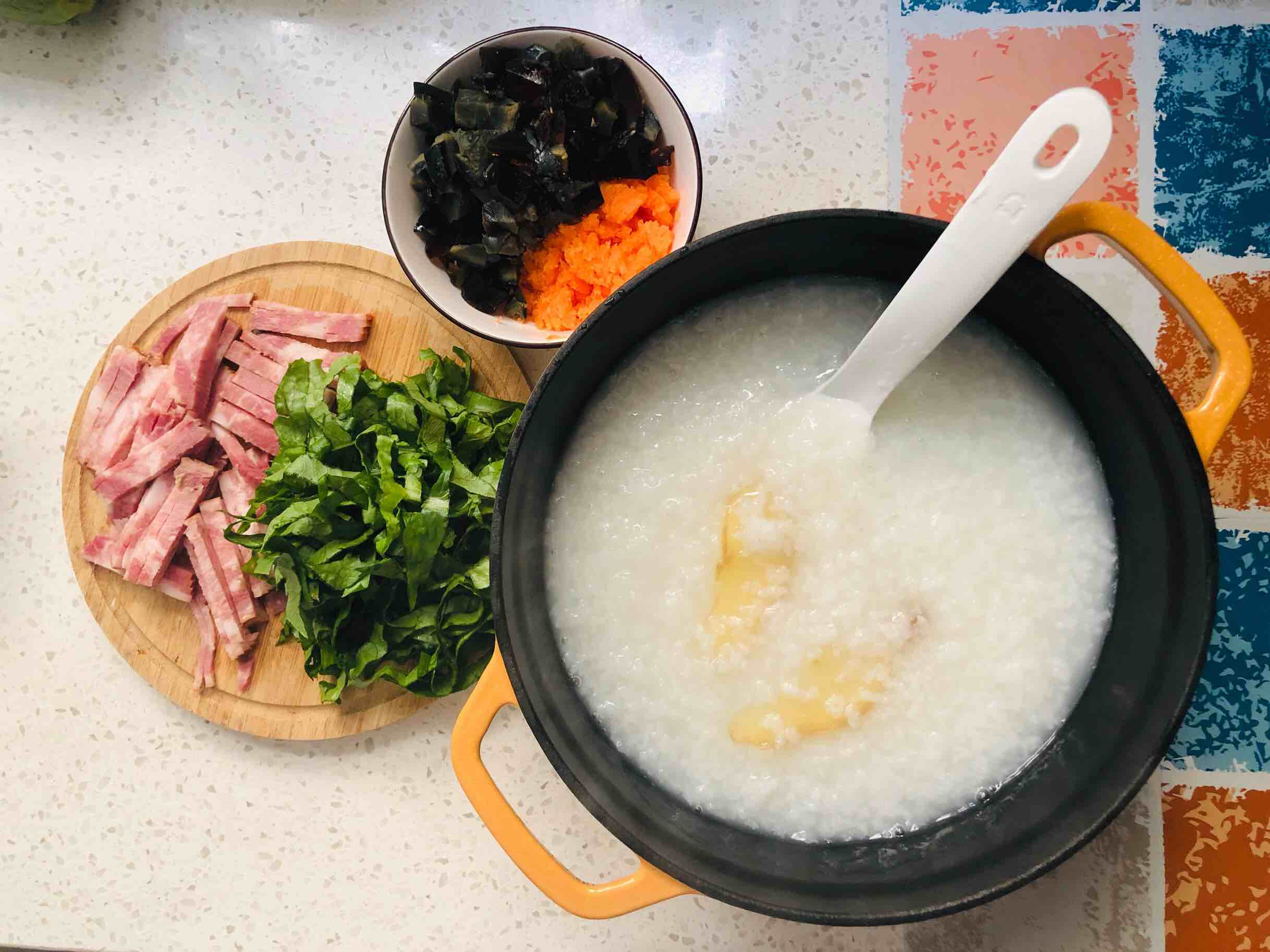 Bacon, Preserved Egg and Mixed Vegetable Porridge recipe