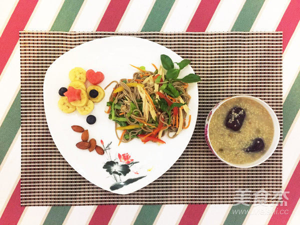 Soba Noodles Mixed with Colorful Vegetables and Golden Summer Porridge recipe