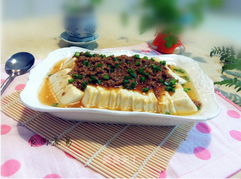 Steamed Tofu with Minced Pork in Oyster Sauce recipe