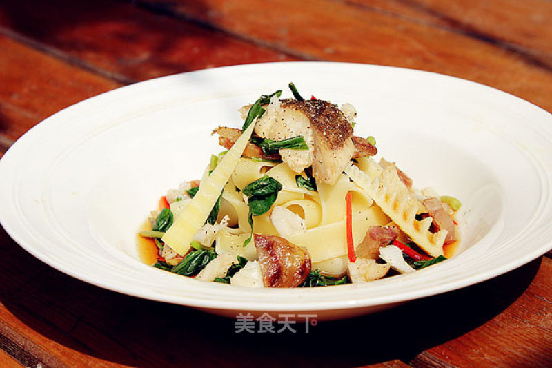 Chinese Steamed Mandarin Fish and Spring Vegetable Ribbon Noodles recipe