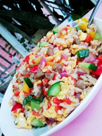 Fried Rice with Beef Sausage and Bell Pepper