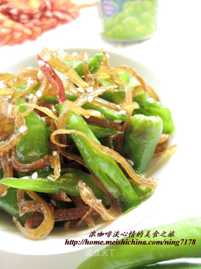 Korean Style Stir-fried Green Pepper with Dried Whitebait recipe