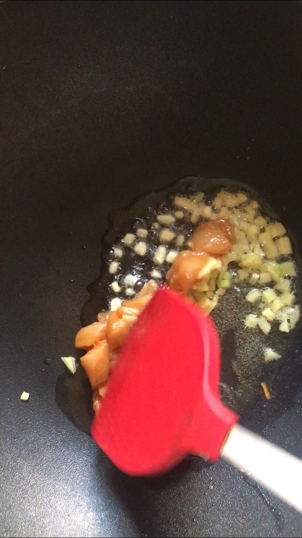 Cooked Rice with Three Vegetables Diced Pork recipe