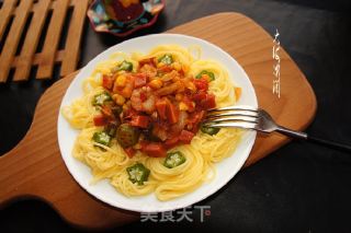 Tomato Shrimp Pasta with Okra Green Pepper recipe