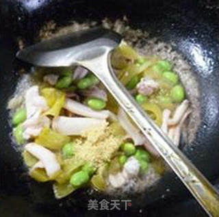 Fried Squid with Edamame and Pickled Cabbage Stems recipe