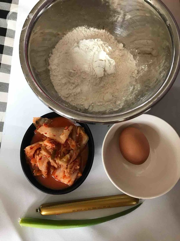 Kimchi Pancakes with Congee and Side Vegetables recipe