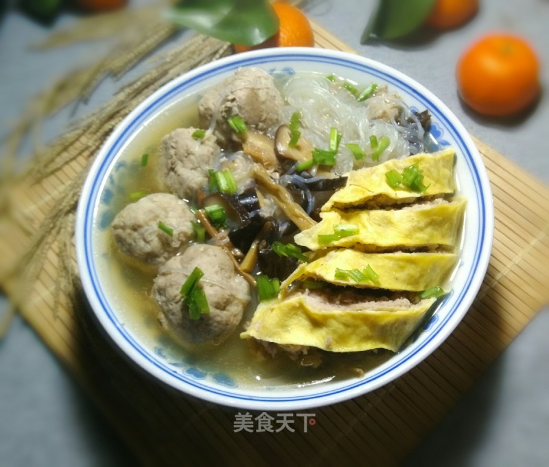 Vermicelli Soup with Egg Rolls and Meatballs