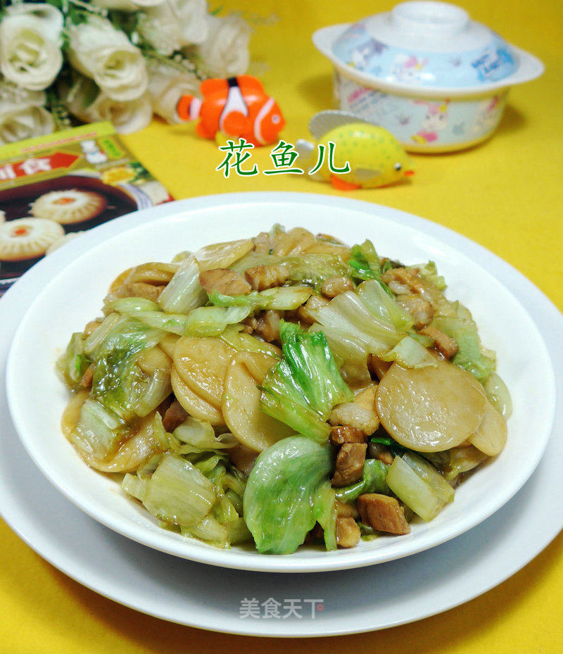 Stir-fried Rice Cake with Pork Belly and Lettuce recipe