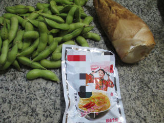 Stir-fried Edamame with Mustard and Bamboo Shoots recipe