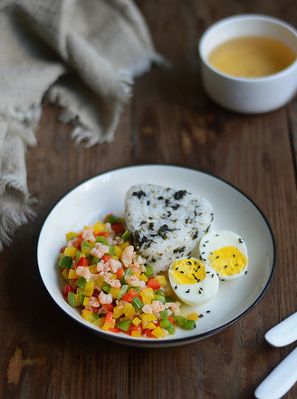Diced Shrimp with Colored Pepper + Seaweed Rice Ball (complementary Food)