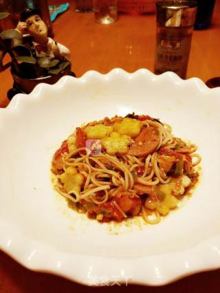 Marinated Cold Noodles with Tomatoes and Ham recipe