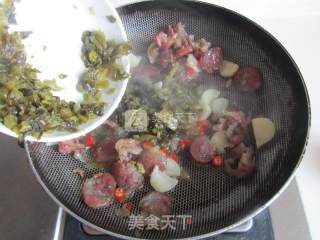 Fried Sausages with Pickled Vegetables, Broad Beans and Rice recipe