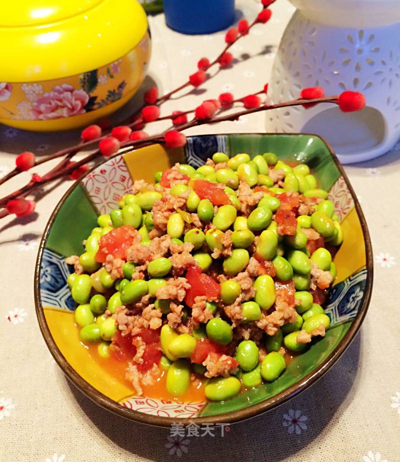 Roasted Edamame with Minced Meat and Tomato recipe