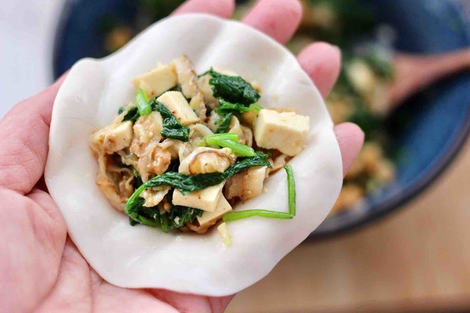 Steamed Dumplings with Radish Cherry Seafood Tofu recipe